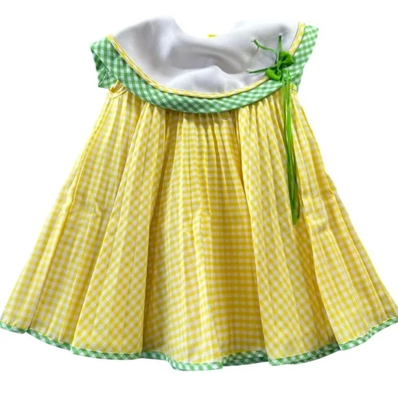 Youngsport Vintage Girls 3T Yellow Gingham Pleated Dress Oversized Bib Collar - Picture 1 of 9